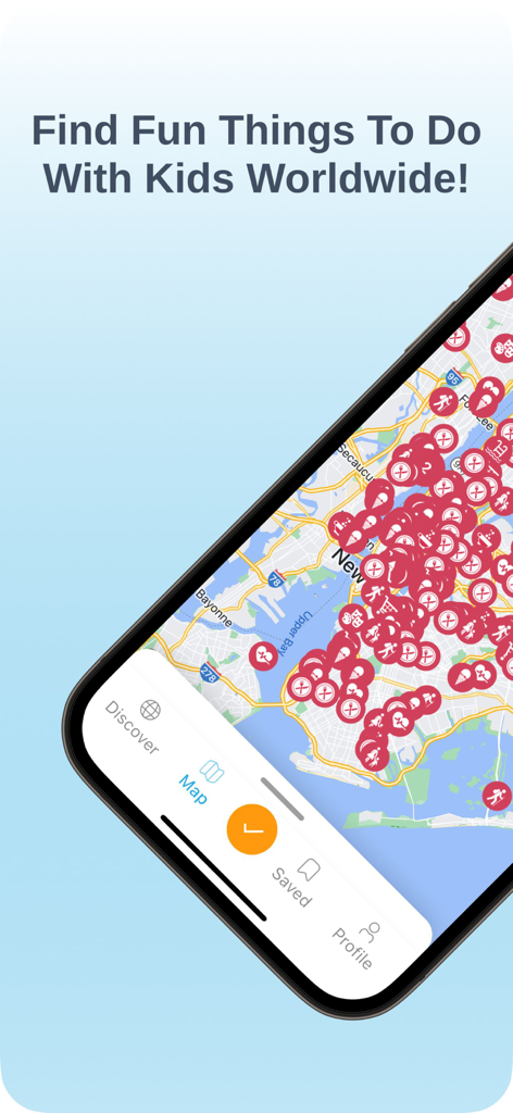 A mobile app screen showing a map crowded with red icons representing kid friendly locations in a city