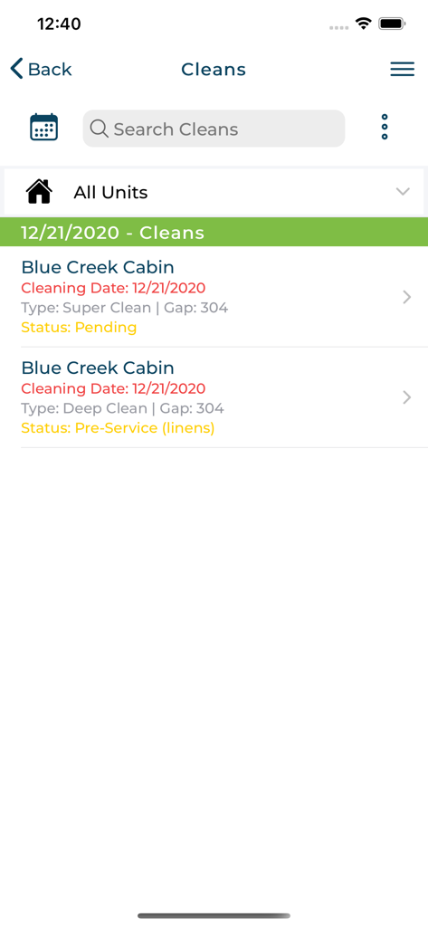 Property Care X - Cleaning task management list in the Property Care X app showing service status for vacation rentals.