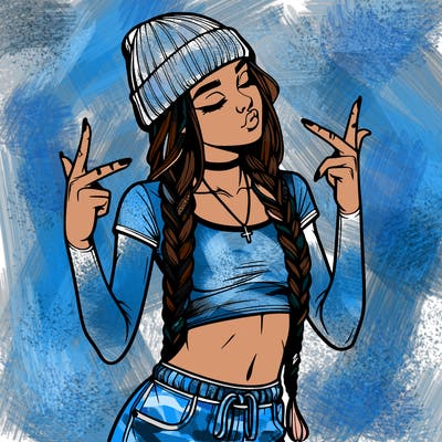 realistic teenage girl with braids and a beanie and crop top doing 🫶🏼