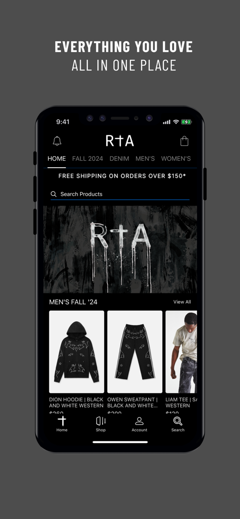RTA BRAND - RTA BRAND mobile app home screen displaying the Men's Fall 24 street-luxury collection.
