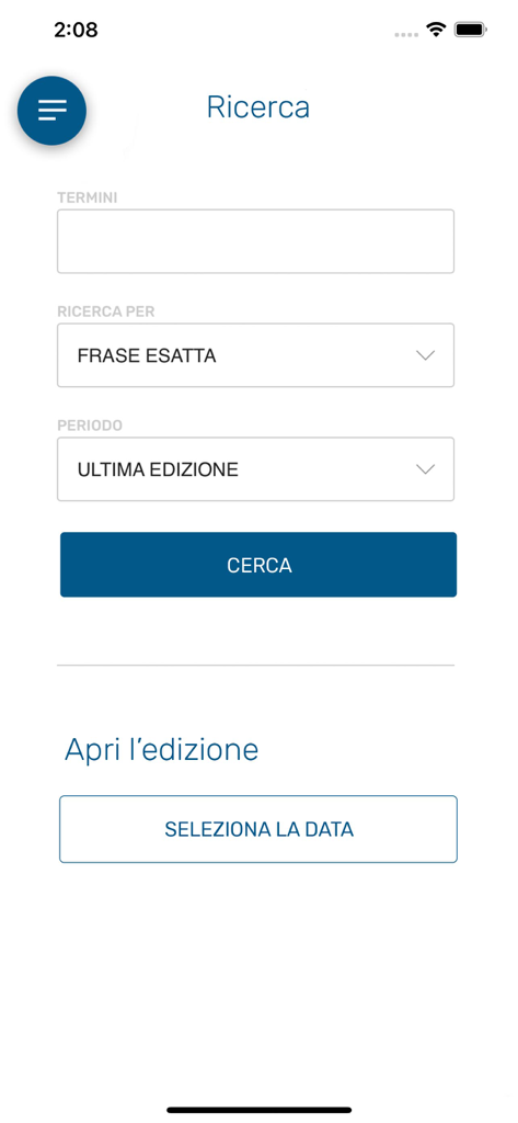 La Voce del Popolo - Interfaccia di ricerca dell'app di notizie La Voce del Popolo che mostra opzioni per trovare articoli per parola chiave o data