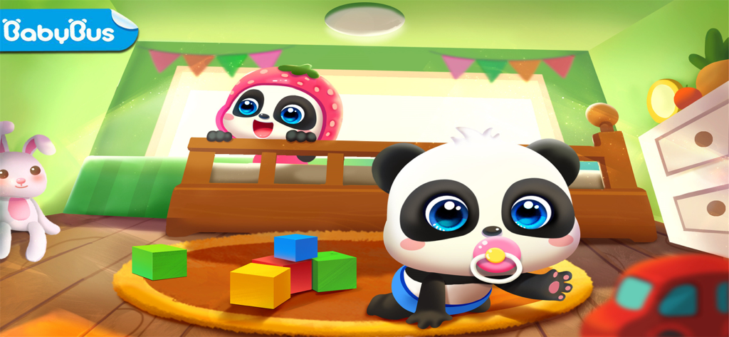 Two cute baby pandas in a nursery with a crib and toys