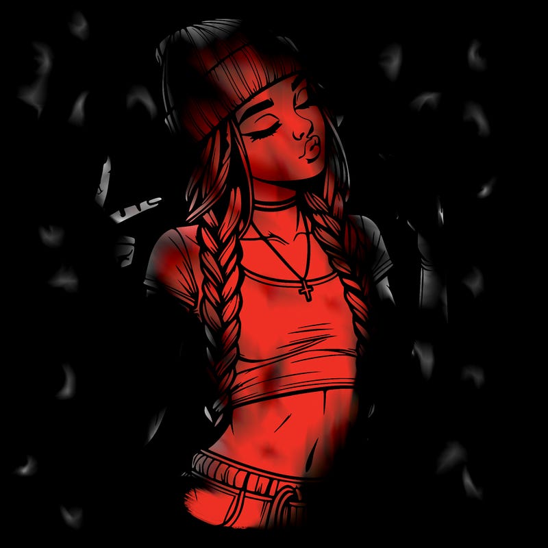 realistic teenage girl with braids and a beanie and crop top doing 🫶🏼