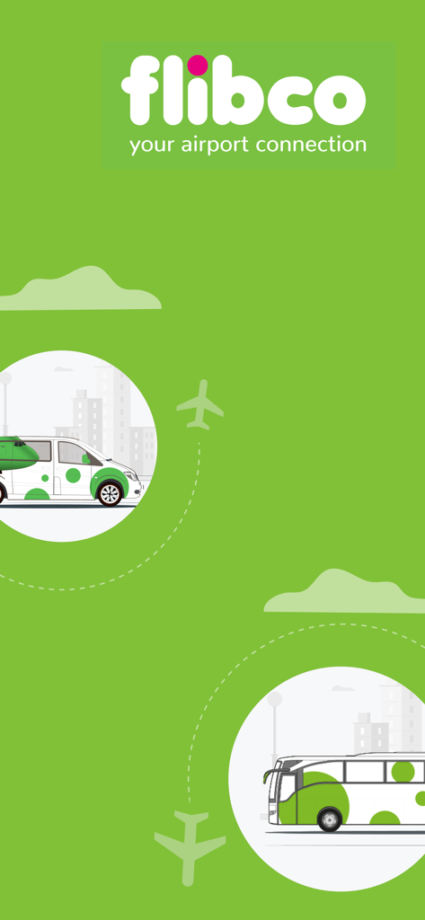 Flibco airport connection app banner showing bus and door-to-gate shuttle services
