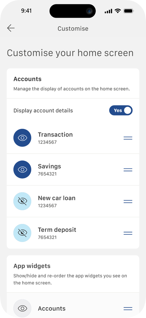 Police Bank Mobile Banking - A mobile app screen for customizing the home screen of Police Bank mobile banking, showing options to manage the visibility and order of accounts like transaction, savings, and loans.