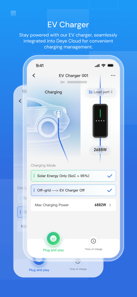 Deye Cloud app screen displaying EV charger management and real-time charging data.