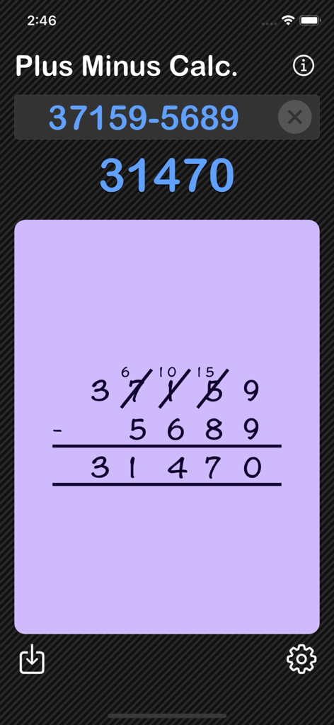 Plus Minus Calculator - Interface do aplicativo Calculadora Mais Menos mostrando subtração passo a passo com reagrupamento de empréstimo