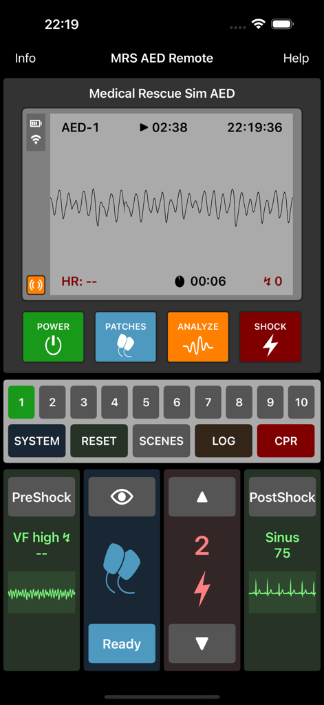 Medical Rescue Sim AED Remote - Interfaccia dell'app Medical Rescue Sim AED Remote che mostra ritmi ECG simulati e controlli di formazione medica