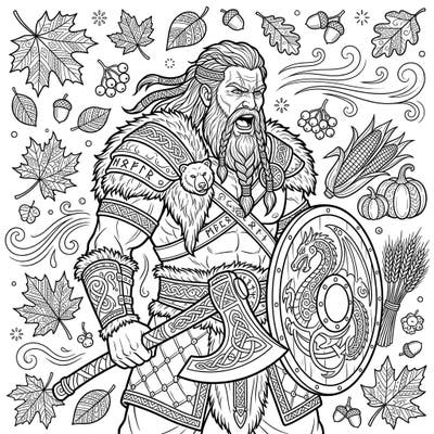 Dive into the vibrant spirit of fall with this detailed adult coloring page, showcasing a fearsome Berserker warrior ready for battle. Explore intricate designs and autumn motifs for a truly engaging artistic experience.