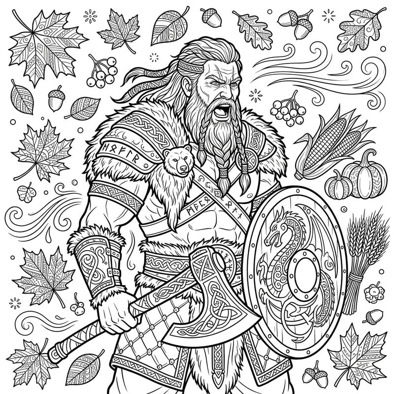 Dive into the vibrant spirit of fall with this detailed adult coloring page, showcasing a fearsome Berserker warrior ready for battle. Explore intricate designs and autumn motifs for a truly engaging artistic experience.