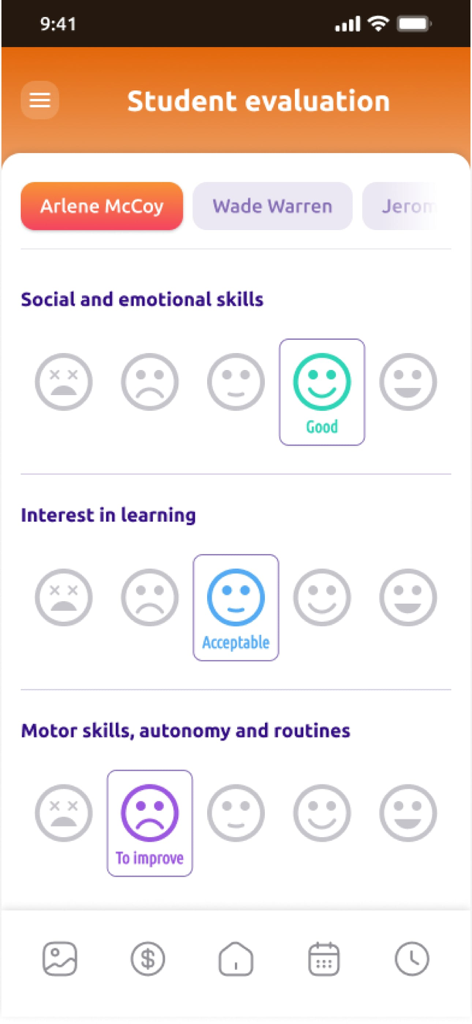 DigiKids - DigiKids app student evaluation interface showing skill ratings with color coded emojis