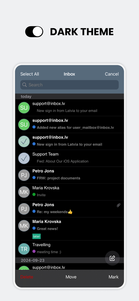 Inbox list view of the Inbox.lv mobile application in dark theme mode.
