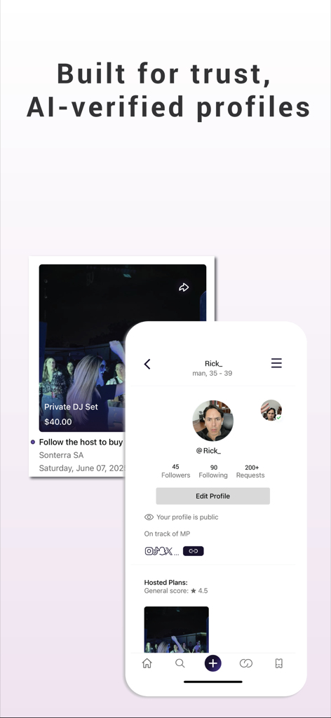 MoodPlans - Tela do aplicativo MoodPlans mostrando um perfil de usuário verificado e um convite para um evento de DJ privado.