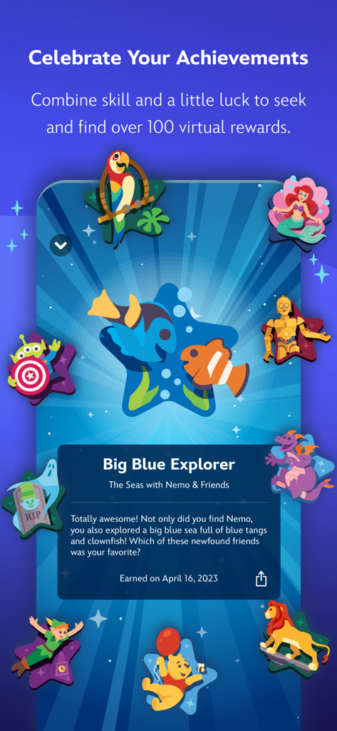 Play Disney Parks - Écran de l'application Play Disney Parks montrant des badges de succès numériques avec des personnages Disney comme Nemo, Simba et Winnie l'Ourson