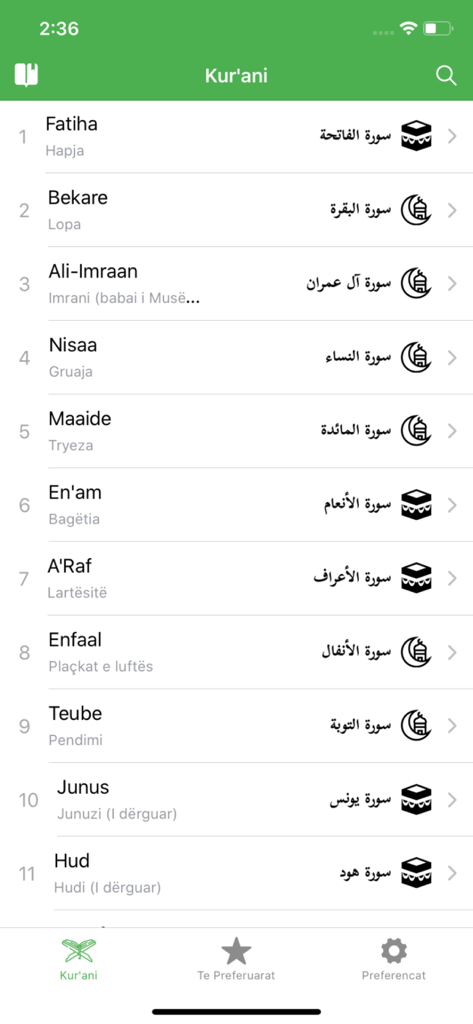 A list of Quran surahs with names in Albanian and Arabic from the Kurani mobile app