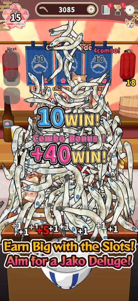 Jako Collection - A surreal mobile game screenshot showing a large pile of dried sardines falling in a coin pusher style game with slot machine bonuses