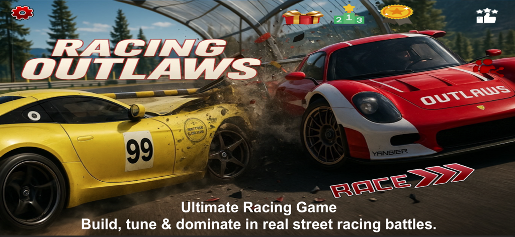 Racing Outlaws - Drag Car Race - High speed car collision between red and yellow sports cars in Racing Outlaws game