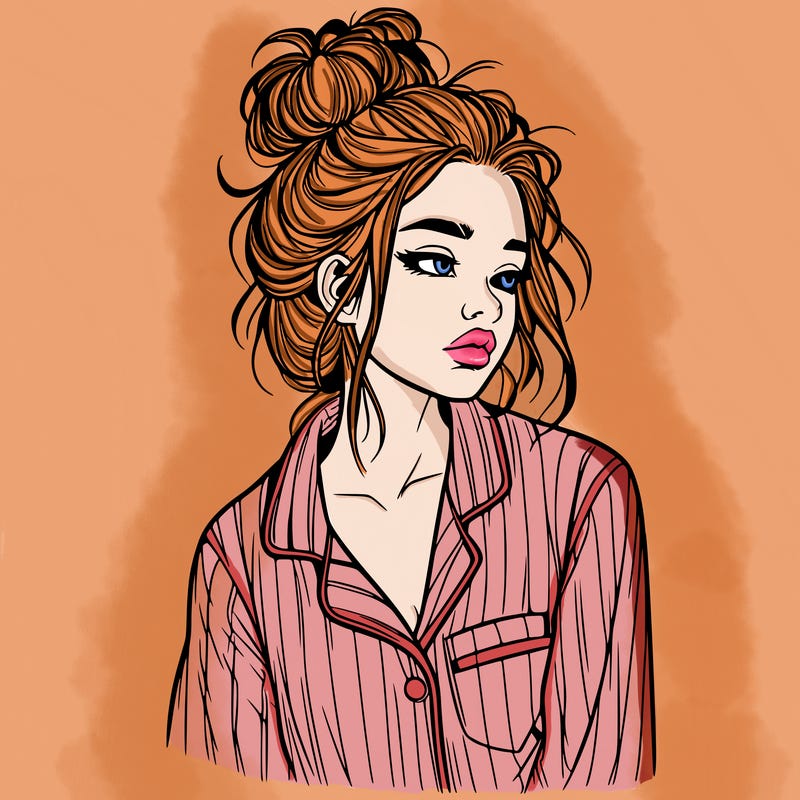 realistic woman with pajamas on and a messy bun