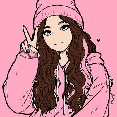 a teenage girl in a beanie, oversized sweatshirt, wavy long hair, and is showing a ✌️