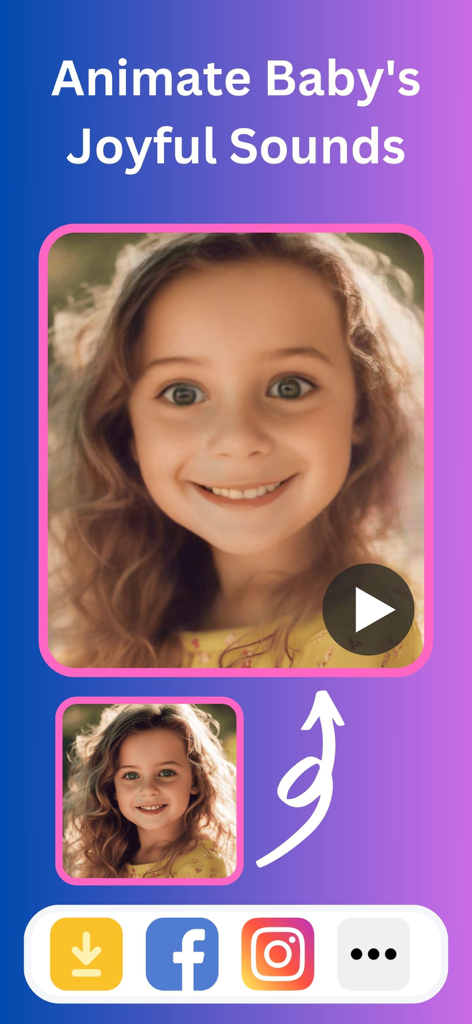 Pantalla de la aplicación Generador de Bebés IA que muestra el animador de rostros para animar la foto de un bebé con sonidos alegres.