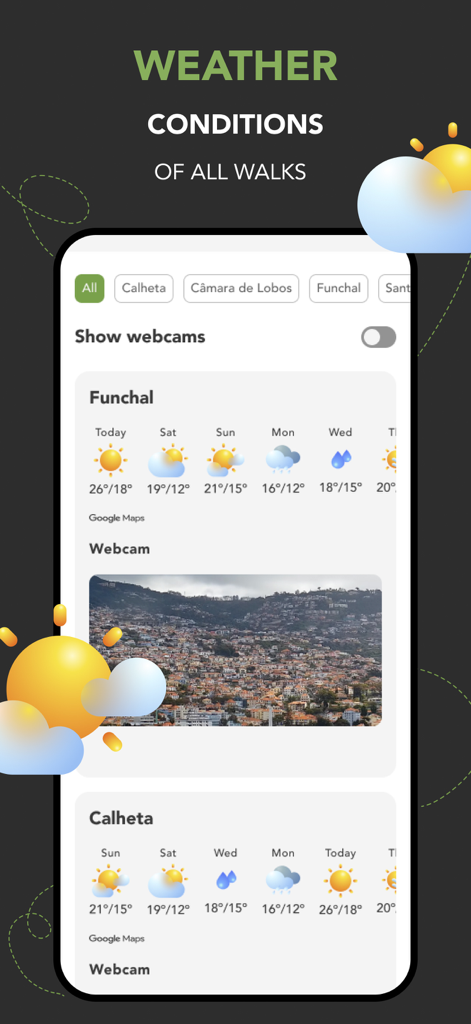 WalkMe | Walking in Madeira - Screenshot of the WalkMe app showing weather conditions and live webcam views for Madeira hiking locations