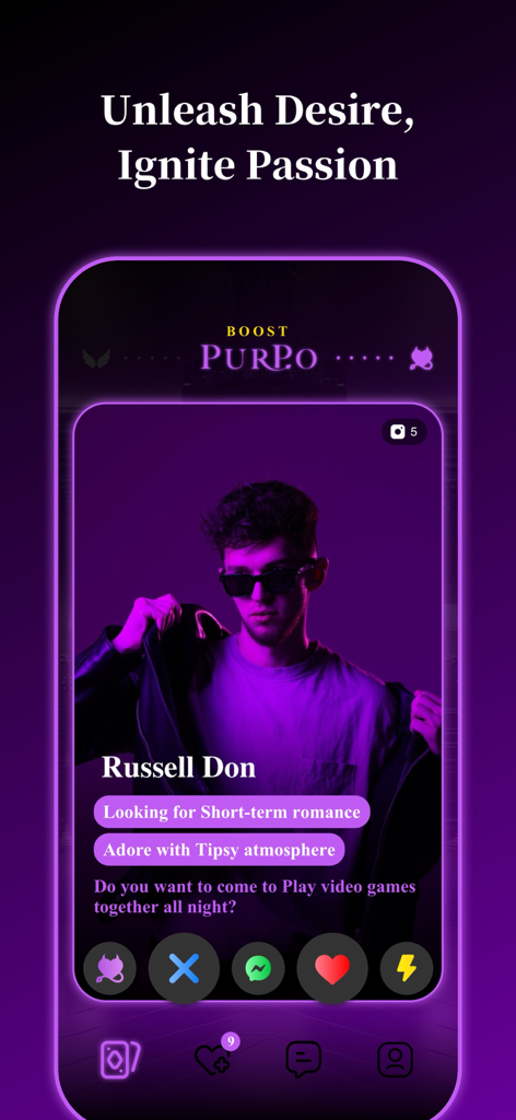 Purpo dating app user profile interface in Demon mode featuring a profile for short-term romance.