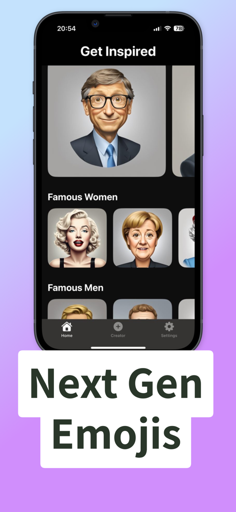 Genemoji App-Oberfläche, die KI-generierte Porträts berühmter Personen zur Inspiration für die Emoji-Erstellung anzeigt.
