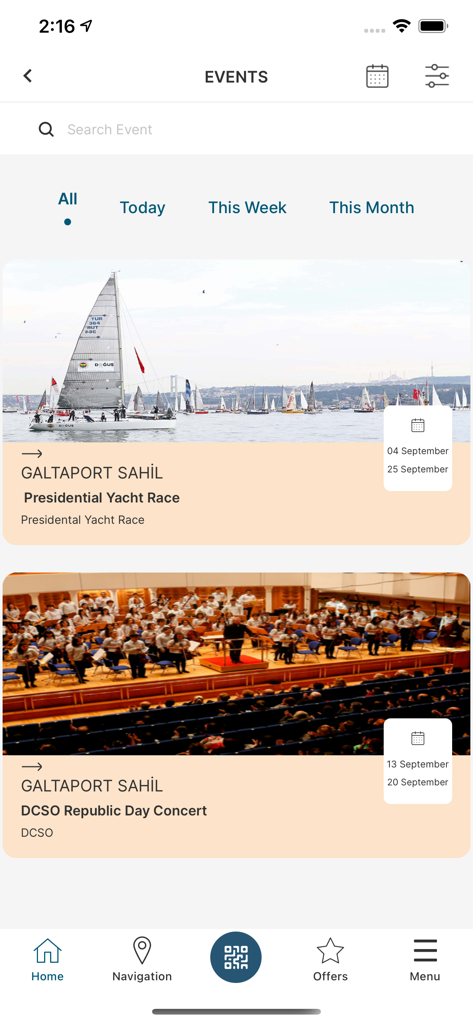 La schermata degli eventi dell'app Galataport Istanbul che mostra attività culturali tra cui una regata e un concerto per il giorno della Repubblica.