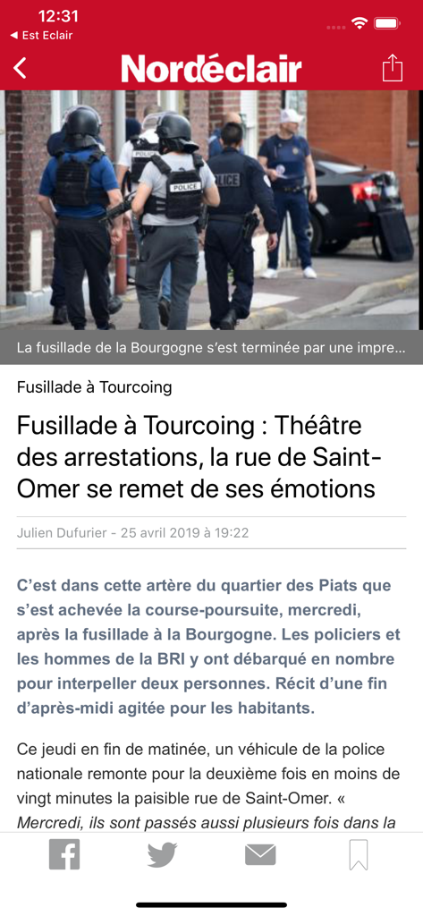 Nord Eclair - Un article d'actualité sur l'application Nord Eclair rapportant un événement local à Tourcoing avec une image d'agents de police.