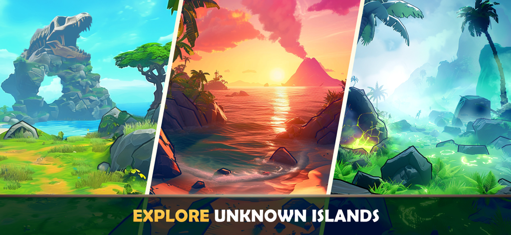 Survival Island: EVO 2 Game - Diversos entornos de isla en Survival Island EVO 2, incluyendo una roca con forma de calavera tropical y un volcán al atardecer