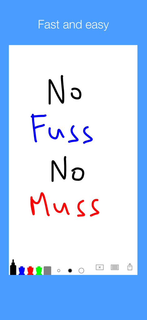 「No Fuss No Muss」というテキストが表示されたシンプルな描画インターフェースを示すデジタルホワイトボード画面。