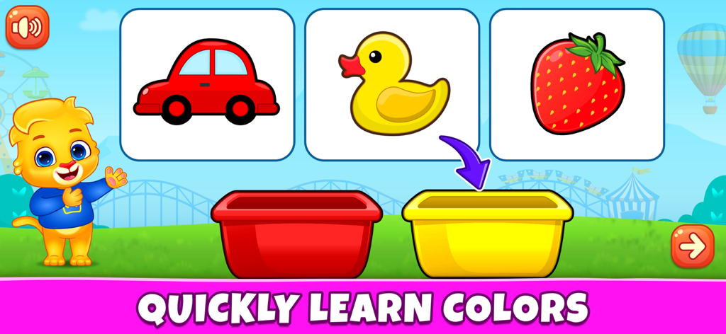 Kids Games: For Toddlers 3-5 - Una actividad de aprendizaje de colores para niños pequeños donde objetos como un pato amarillo se clasifican en contenedores coincidentes