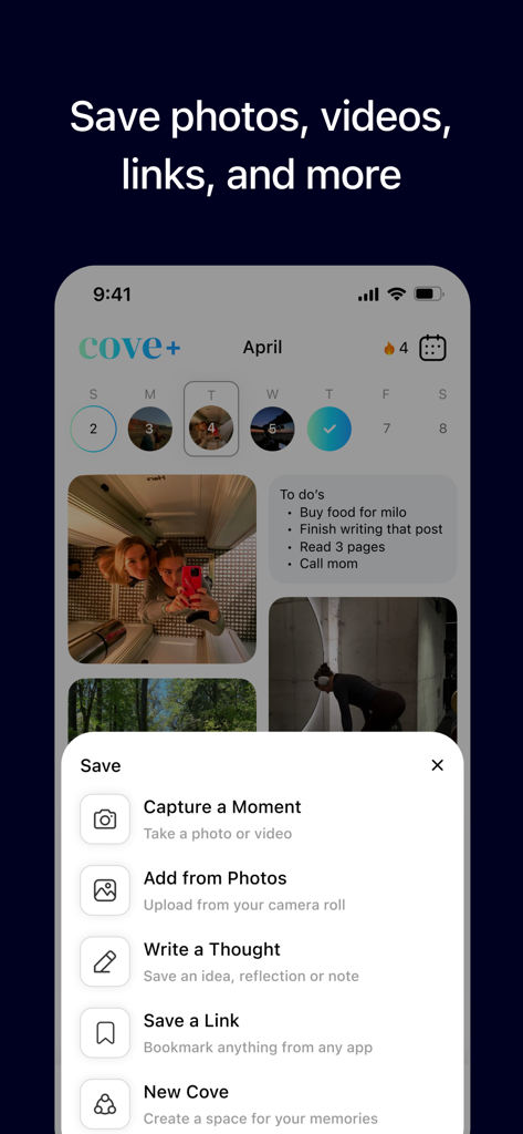 Cove - Document Your Life - Cove app interface showing a save menu with options to capture moments, add photos, write thoughts, and save links.