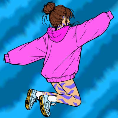 realistic girl jumping with a bun and oversized sweatshirt