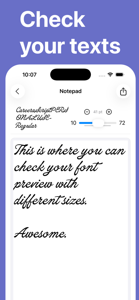 Interfaz de bloc de notas de la app Fonty que muestra una vista previa de fuente cursiva con un control deslizante de ajuste de tamaño de texto.