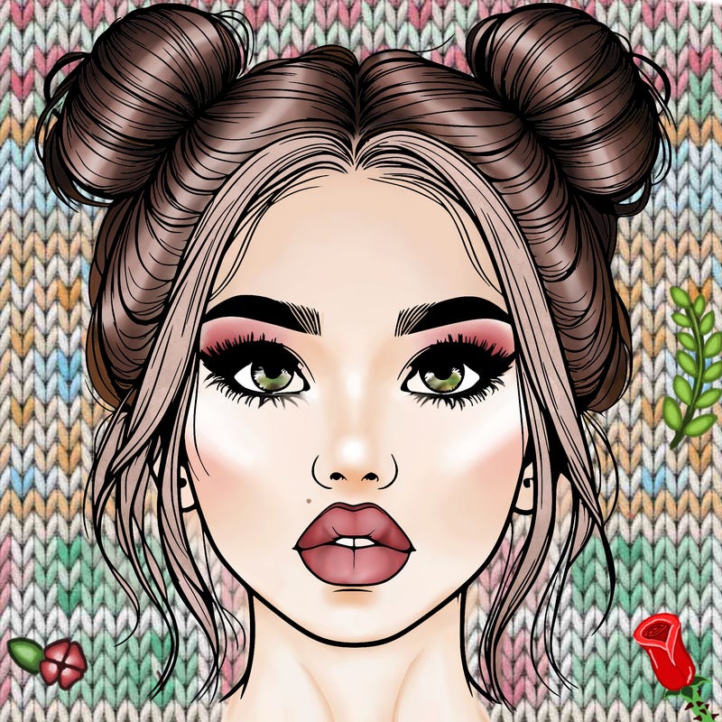 realistic girl with two buns on her hair and lips