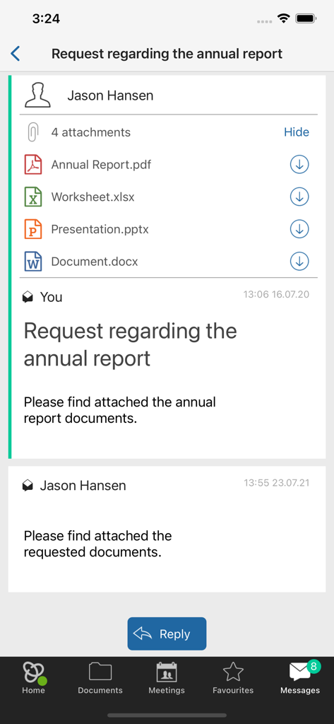 Interface de mensagens seguras no aplicativo Admincontrol mostrando anexos de documentos para um relatório anual.