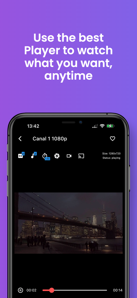 SSS IPTV, Simple, Smart Super - SSS IPTV mobile app interface showing a video player with playback controls and a night city scene