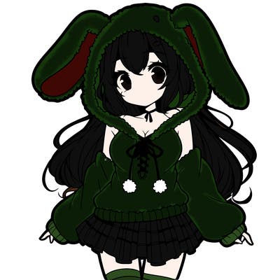 pretty anime girl wearing a fluffy hoodie with bunny ears on the hood and a skirt