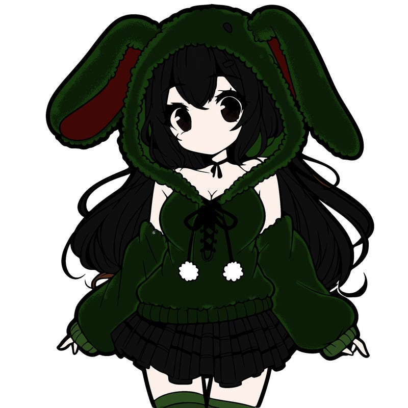 pretty anime girl wearing a fluffy hoodie with bunny ears on the hood and a skirt