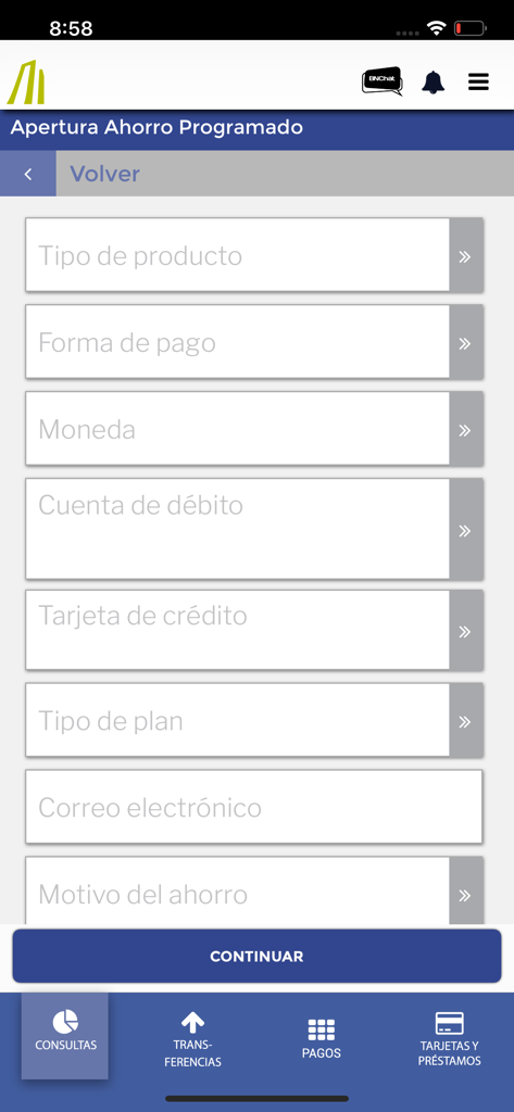 BN Móvil - Scheduled savings account opening form on BN Movil mobile app