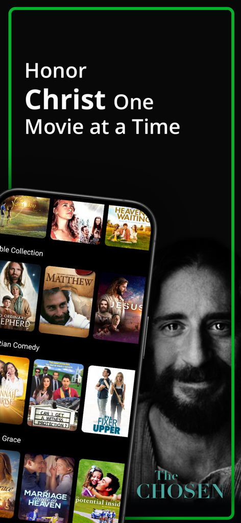 Living Scriptures mobile app showing Christian movies and series like The Chosen