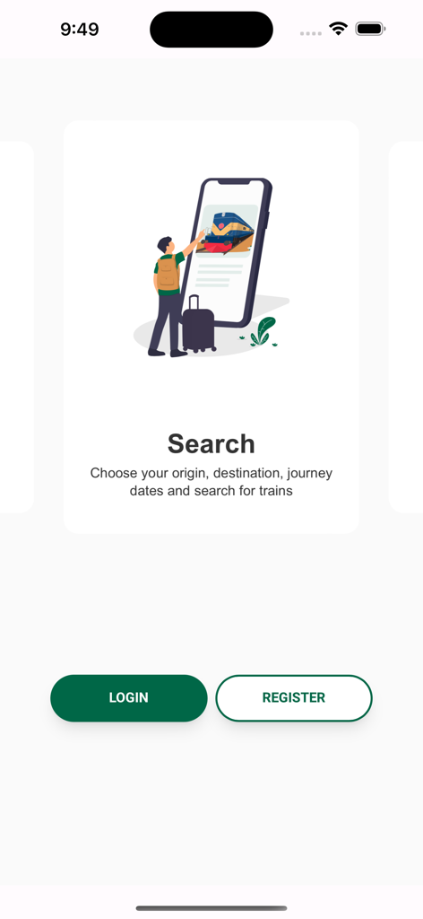 Rail Sheba app onboarding screen for searching train tickets with login and register buttons