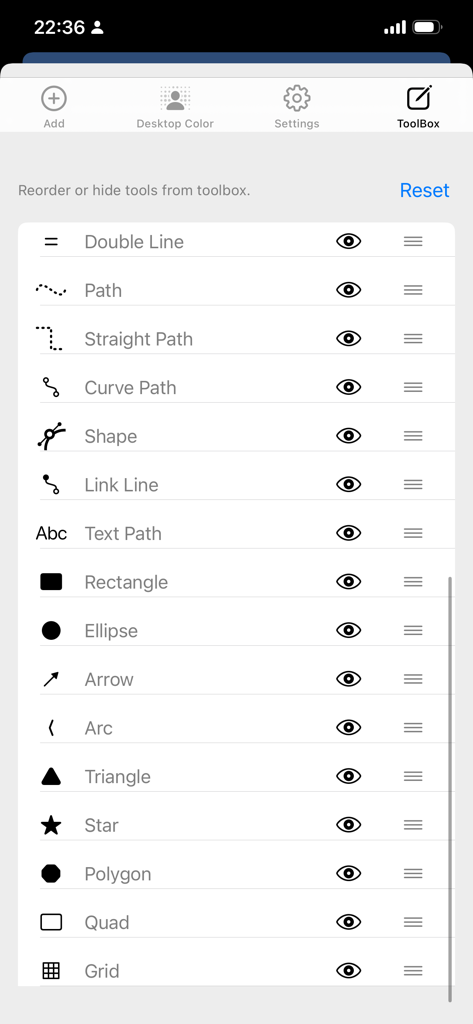 Paintwork - Infinite Notebook - Toolbox settings in Paintwork app for reordering and hiding vector drawing tools