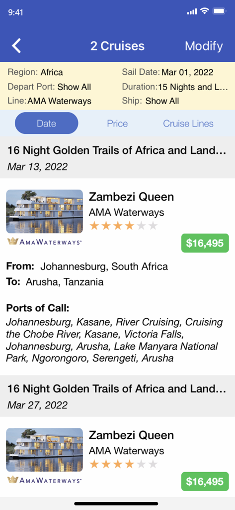 Cruise Finder by iCruise.com - Cruise Finder app search results showing a 16-night Africa river cruise itinerary and pricing for the Zambezi Queen ship.