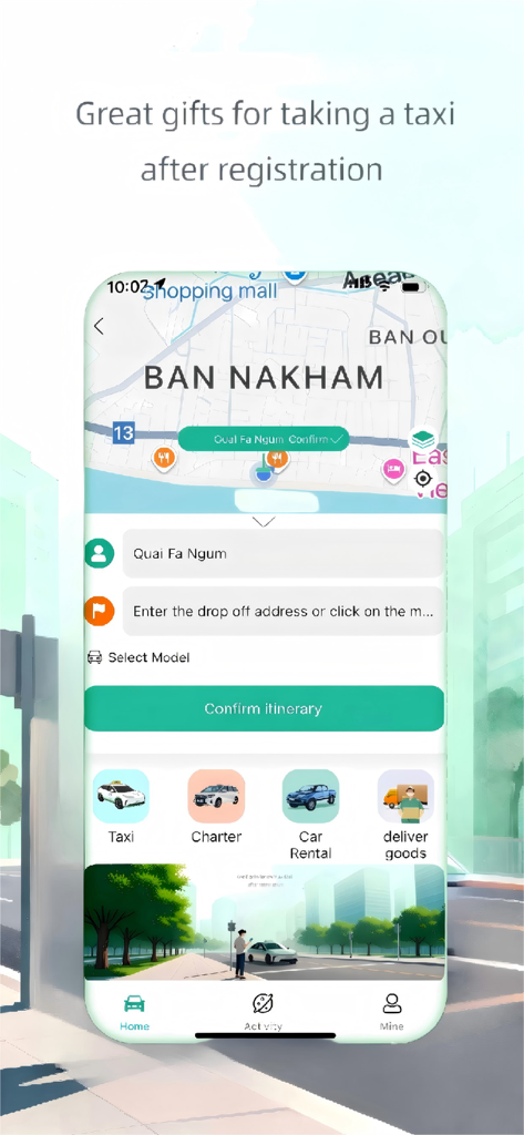 Lao Go - Lao Goアプリのインターフェース。地図ビューと、タクシー、チャーターカー、配達サービスのオプションが表示されています。