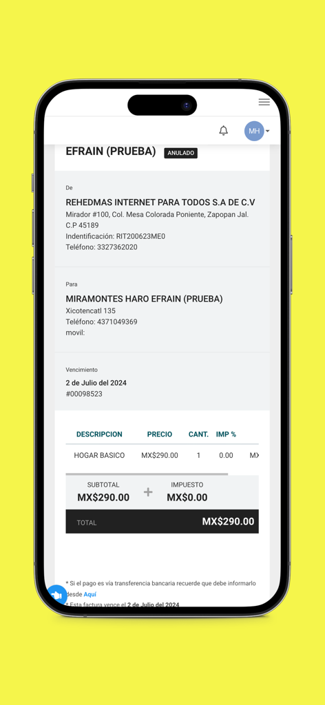 Netmas - Netmas app screen showing a detailed internet service invoice with billing information and total amount