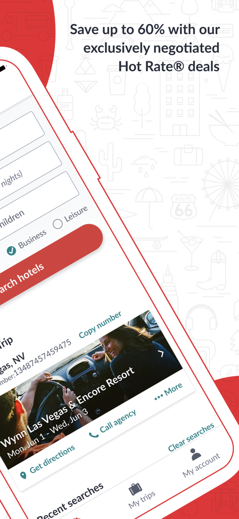 Hotwire mobile app interface showing exclusive hot rate hotel deals and a booking for Wynn Las Vegas.