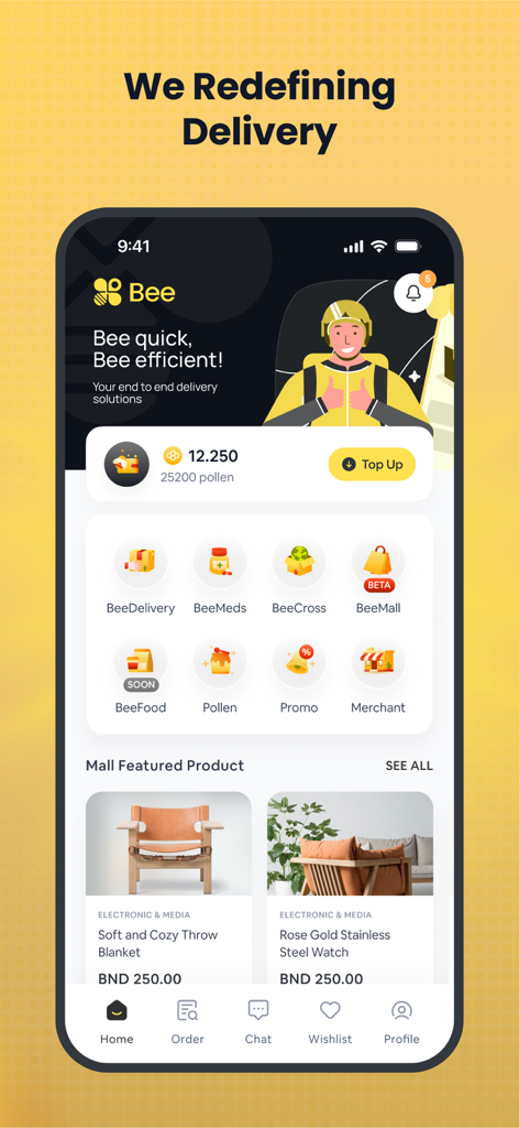 Bee: Be Quick, Be Efficient - Pantalla de inicio de la aplicación de entrega Bee que muestra categorías de servicios y productos destacados