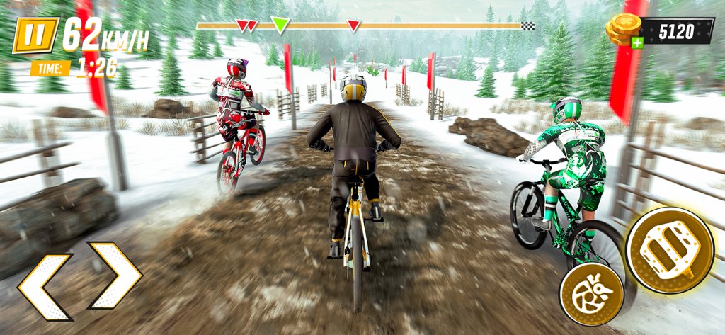 BMX riders competing on a snow covered racing track